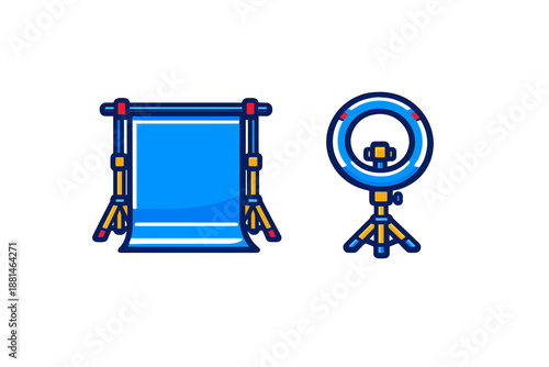 Professional photography studio equipment setup with a blue backdrop screen and a modern LED ring light on a stand