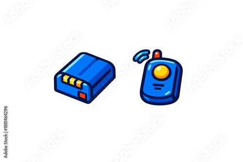 Blue electronic battery pack and wireless remote control device symbols set