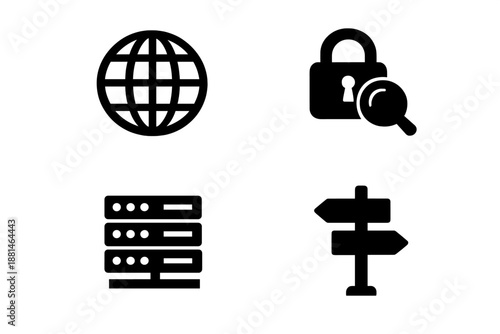 Essential symbols for global networking, data security, server infrastructure, and navigation