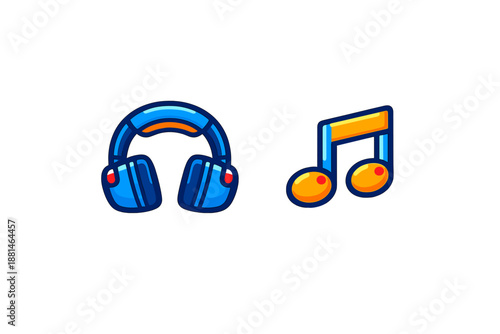 Blue over-ear headphones next to a bright orange and blue musical note icon