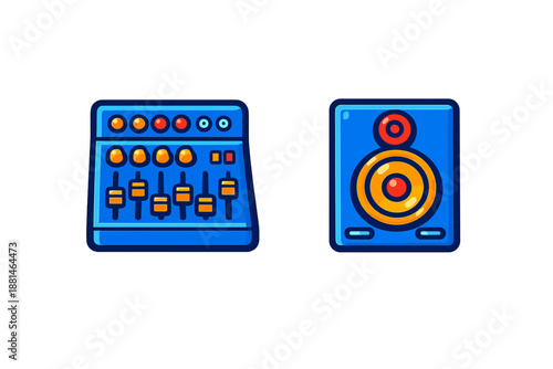 Professional audio mixer console and studio monitor speaker set for music production and sound engineering