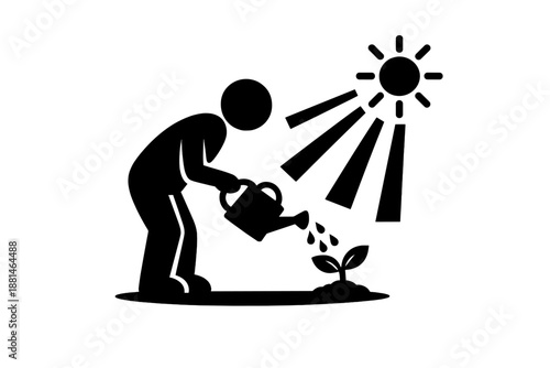 Simplified figure watering a small plant with a watering can under the sun