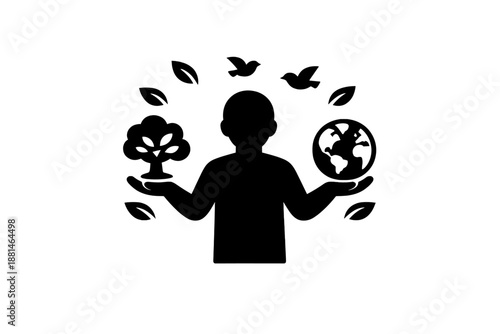 Person balancing nature and planet Earth symbolizing ecology and sustainability
