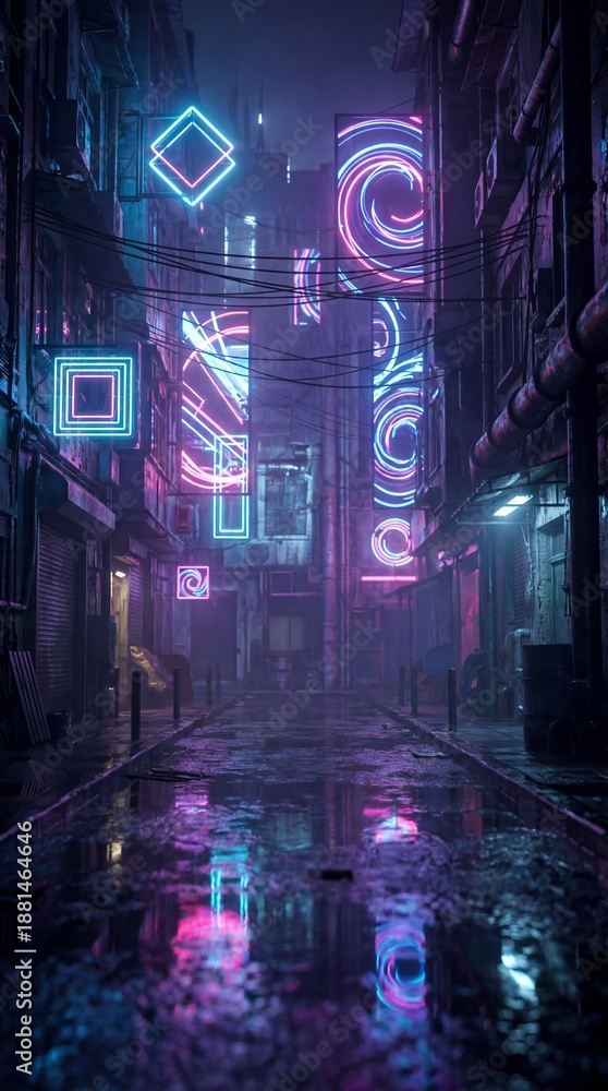 Obraz premium A dark alleyway at night with neon lights reflecting on wet pavement