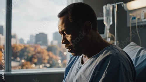 Anxious Patient Reflects on His Future While Recovering from Illness in a Hospital Room Setting