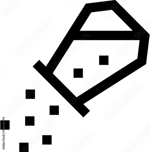 Angled salt shaker scattering grains line icon for seasoning labels, kitchen graphics, restaurant menus, and refined gourmet culinary branding

