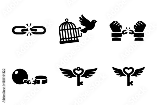 Freedom and liberation symbols set with broken chains, flying bird, winged key
