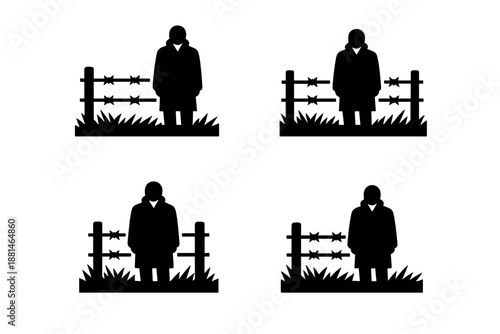 High contrast black graphic of a person standing behind a dangerous barbed wire fence