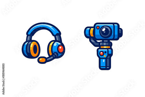 Blue gaming headset with microphone and action camera on a handheld stabilizer gimbal