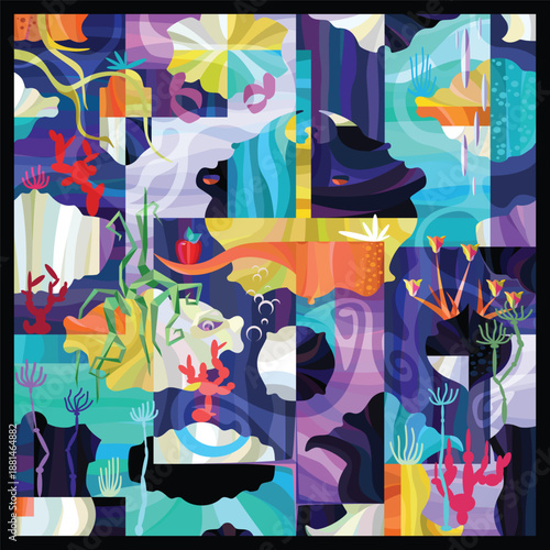 Abstract painting in a surreal style. Underwater world with algae and fish collage composition. Modern art avant-garde painting. Mural background. Cover or poster design print. Vector illustration