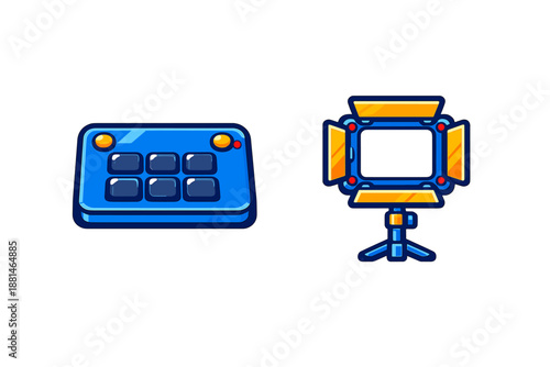 Professional video production equipment icons: control panel and adjustable studio light