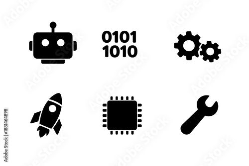 Black silhouette icons representing technology, engineering, robotics, and computing concepts