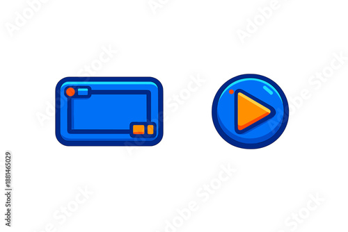 Bright blue and orange video player interface elements and glossy play button icon