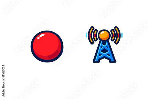 Glossy red sphere button and colorful communication tower antenna graphic element