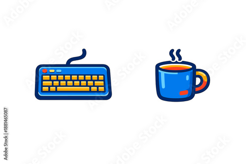 Brightly colored icons of a computer keyboard and a steaming hot beverage mug
