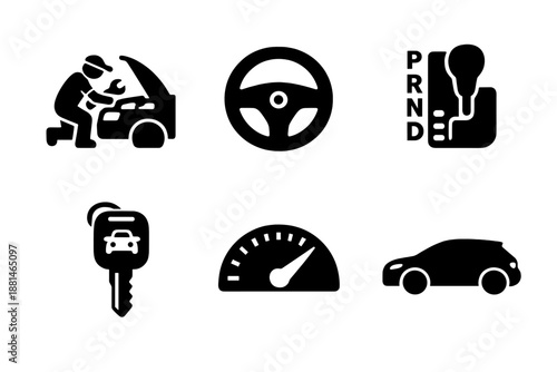 Black symbols for automotive repair, vehicle operation, dashboard display, and car security