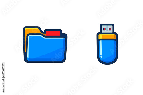 Blue folder and USB flash drive icons for data storage and digital transfer