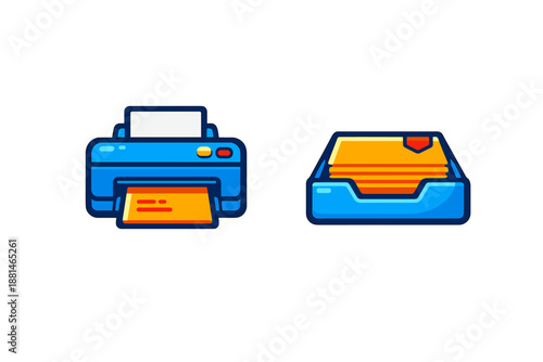 Blue printer device and inbox tray with documents for business technology