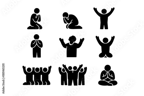 Simple black icons of human figures demonstrating various poses of prayer and spiritual devotion