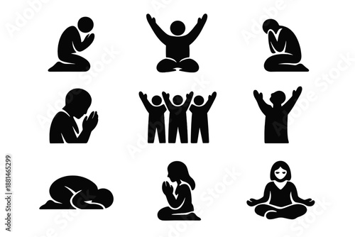 Spiritual and religious icons of people praying, worshipping, meditating, and bowing