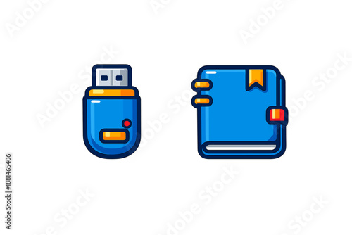 Blue icons of a flash drive for data storage and a closed book symbolizing learning