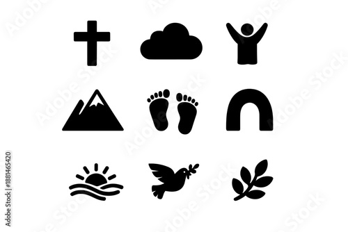 Religious and spiritual icons set featuring cross, dove, footprints, and sunrise symbols