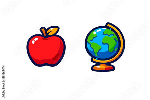 Classic educational symbols featuring a red and a world map globe