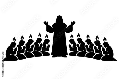 Group of faithful people kneeling in worship before a robed figure with raised hands