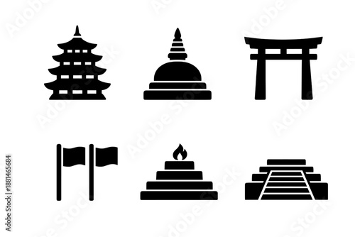 Black silhouette icons of Asian religious and cultural landmarks including pagoda, stupa, and torii gate