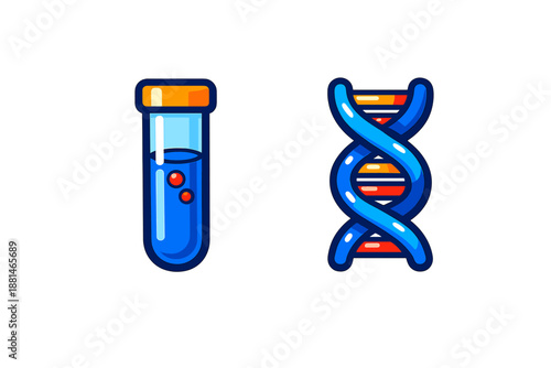 Scientific icons set featuring a laboratory test tube filled with chemical liquid and a genetic DNA helix structure