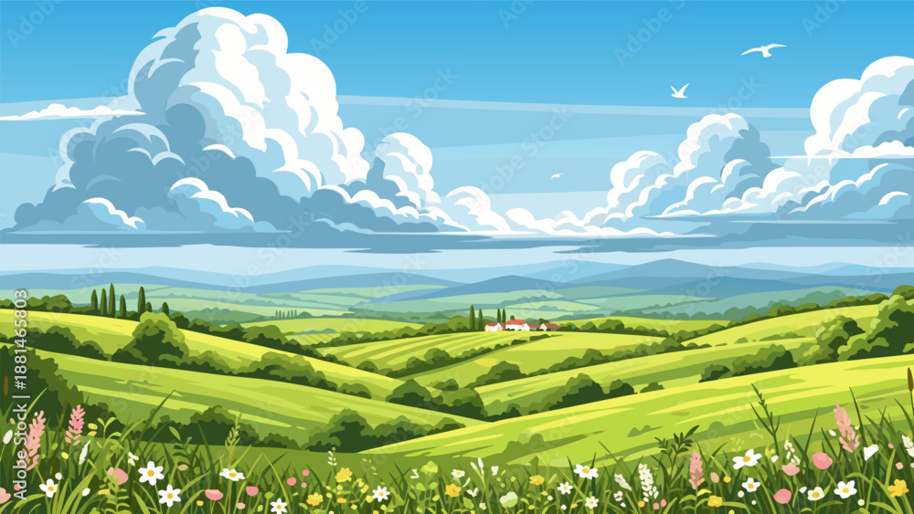 Fototapeta premium Peaceful Countryside Landscape Vector Illustration with Rolling Hills and Blooming Wildflowers
