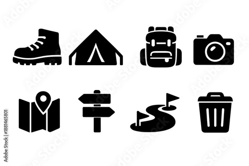 Collection of essential outdoor adventure and hiking gear symbols including tent, map, backpack, and boot