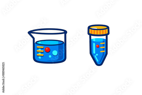 Beaker and centrifuge tube with blue liquid representing chemistry and scientific research