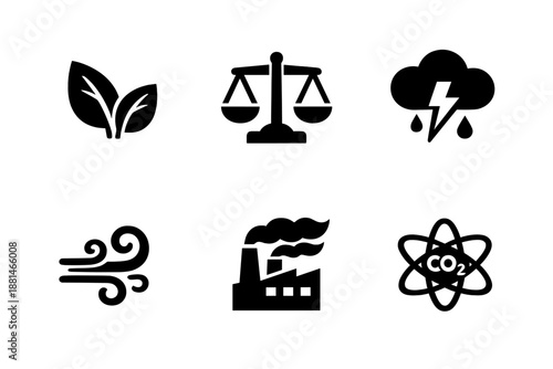 Environmental issues and climate change concepts including ecology, balance, storm, wind, factory pollution, and carbon emissions