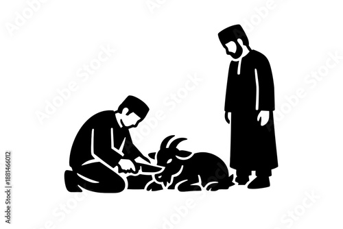 Muslim men performing Qurbani ritual sacrifice of a goat for Eid al-Adha