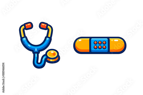 Medical symbols showing a doctor's stethoscope and a protective wound plaster