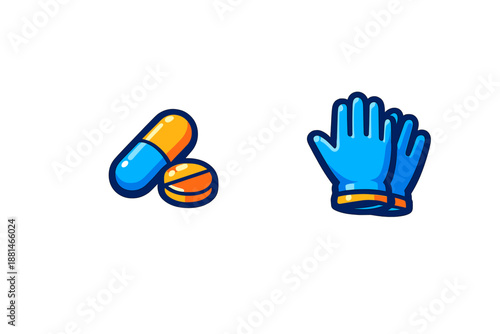 Blue and orange capsule and tablet next to a pair of blue protective medical gloves
