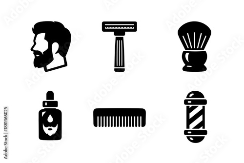 Black and white icons for barbershop services and male grooming products