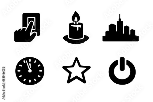 Simple black glyphs representing energy time city and basic controls for user interface