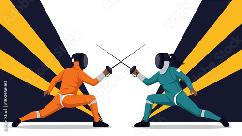 Two fencers in a duel with swords, vector illustration, a competitive match