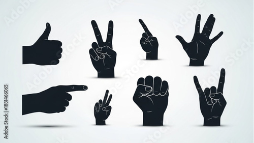 Collection of Black Hand Gestures Silhouettes Isolated on White Background.