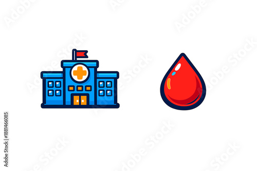 Healthcare facility building and a large red blood drop representing medical services and donation
