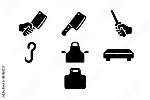Butcher shop equipment and tools including cleavers, apron, meat hook, and cutting board silhouette