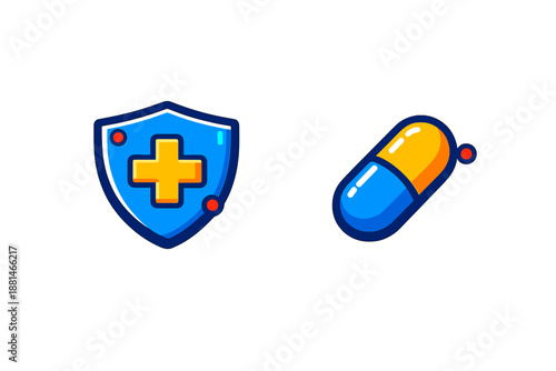 Healthcare protection shield with cross and pharmaceutical capsule drug treatment