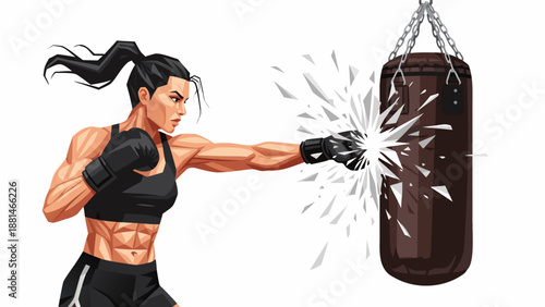 Powerful female boxer delivering a knockout punch to a punching bag, vector illustration of a strong woman in training