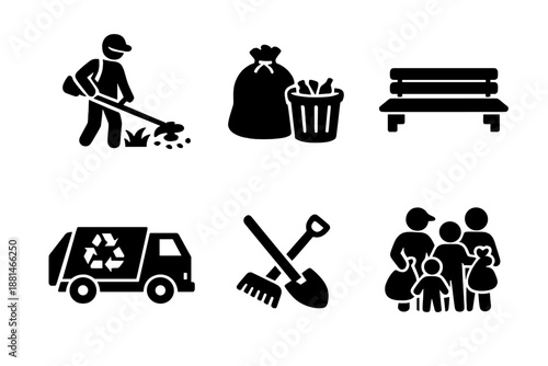 Park maintenance and cleanup activities featuring gardener, trash, recycling truck, tools, and community group