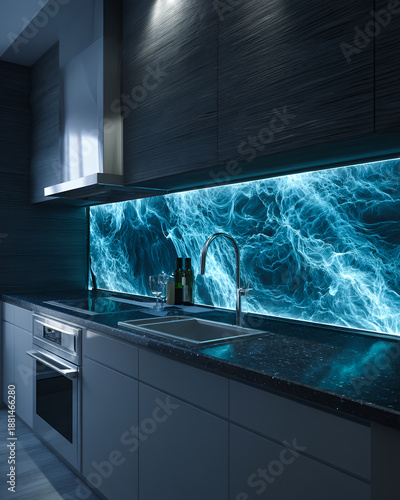 Modern kitchen design features blue lighting and wave patterns on back wall during evening