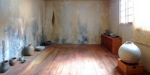 Artisan studio with pottery and wooden furniture in a simple space near a window with soft light