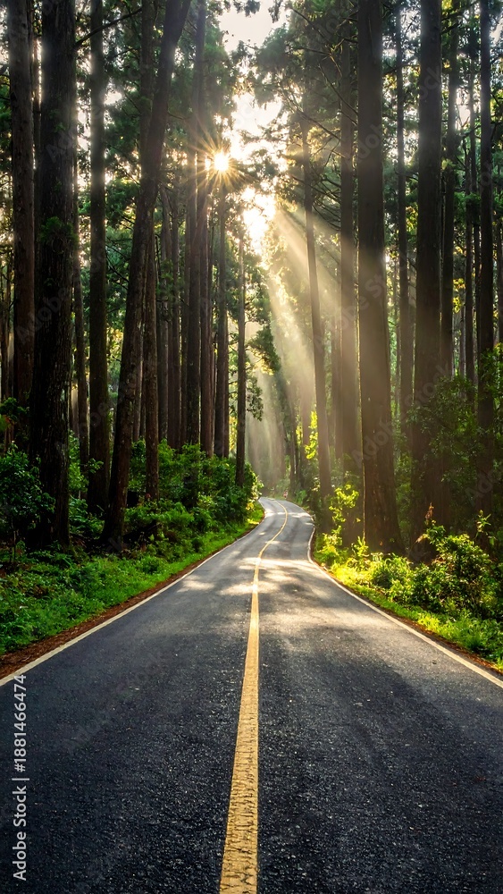 Fototapeta premium Curving asphalt road flanked by tall trees, sunlight streaming. Center yellow line guides the eye towards the forest depth