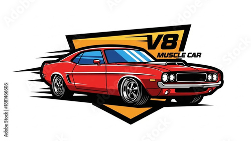 Classic Red Muscle Car V8 Emblem Speed.